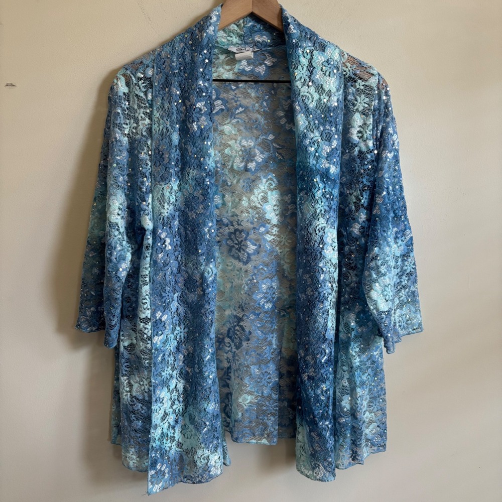 Only 9 Blue Floral Lace Sequin Open Front Cardigan 1X Sheer Shimmer Wrap
